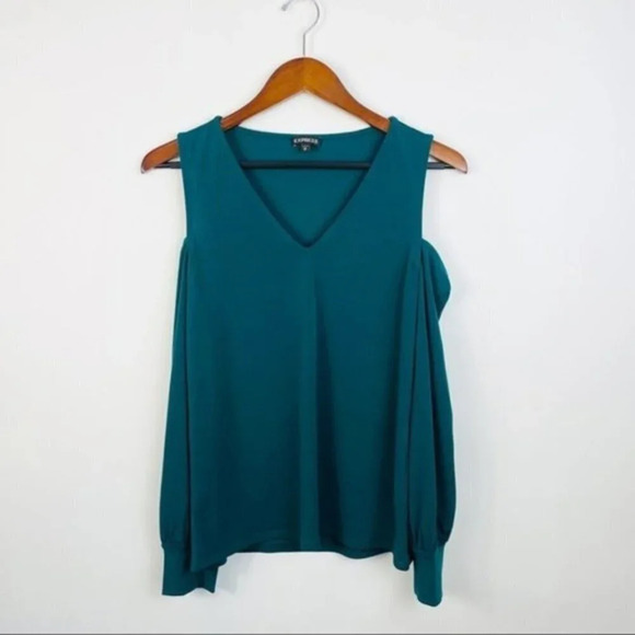 EXPRESS Green Cold‎ Shoulder Long Sleeve Top XS - Picture 3 of 9